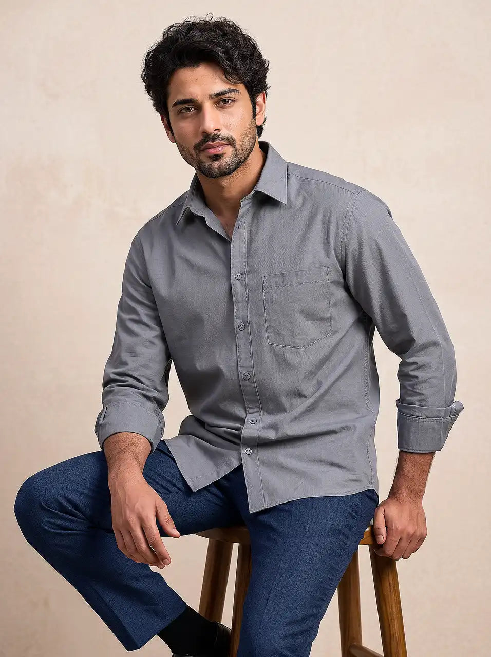 Shadow Grey Slub Cotton Casual Shirt