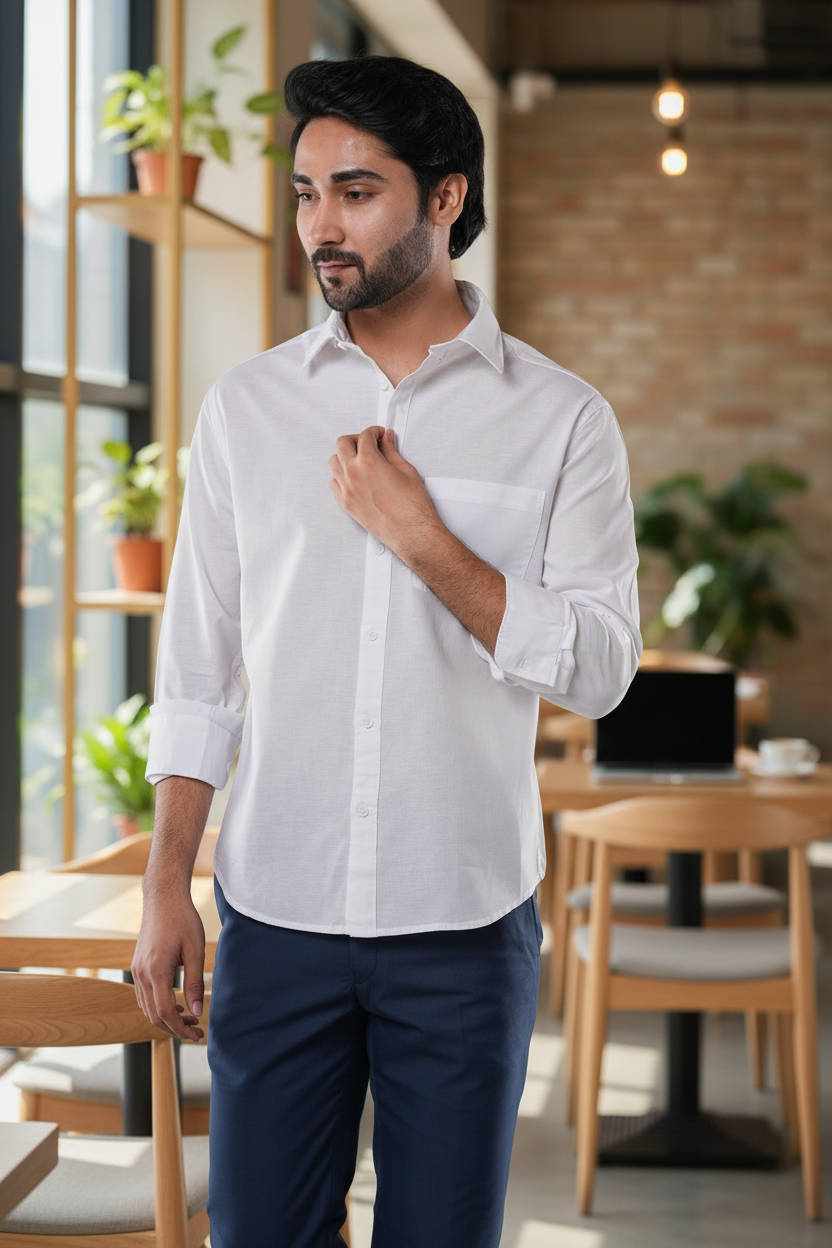 100% Cotton Slub Vintage Floral Print Porcelain White Casual Shirt