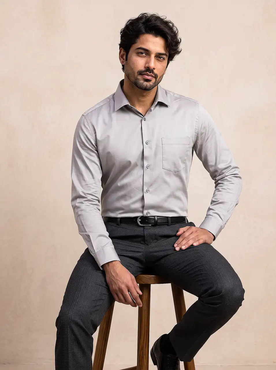 Stone Taupe Stretch Cotton Formal Shirt
